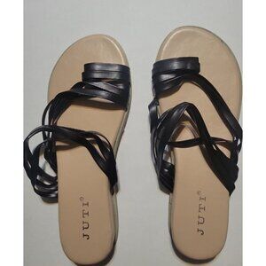JUTI Black Strappy Sandals Flats Thong Summer Casual Shoes 10 beach coastal sexy